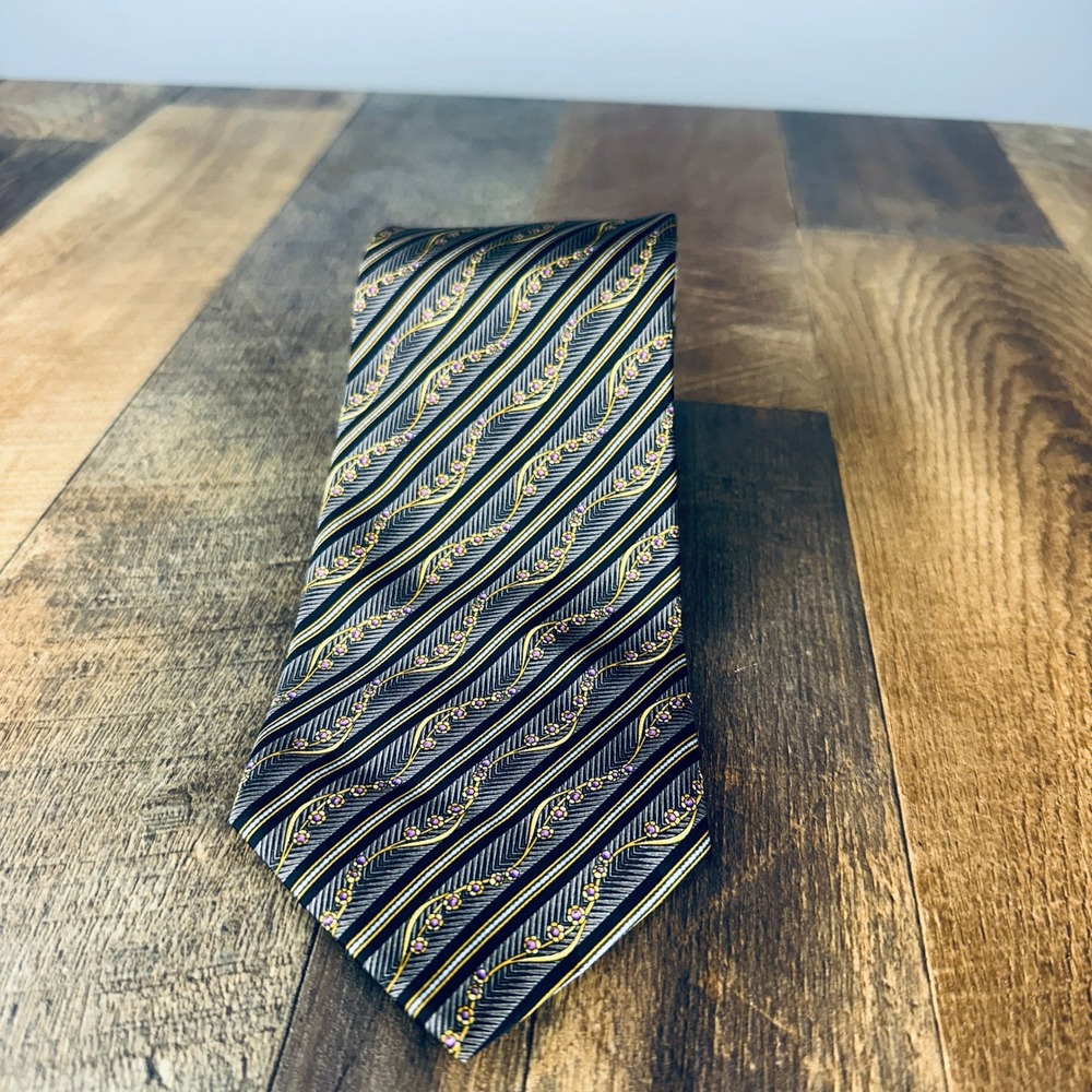 Faberge Mens Silk Tie‎ Black Gold Purple Floral Diagonal Stripe Handmade USA